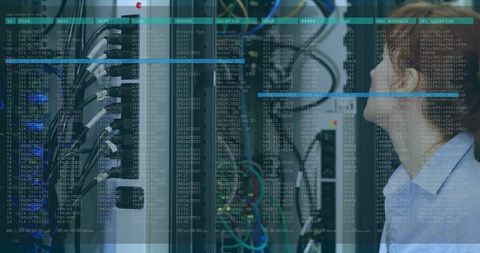 IT Technician Inspecting Server Racks with Network Diagnostics Overlay for Data Center