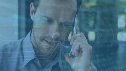 Business Executive on Phone Overlaid with Digital Stock Market Interface