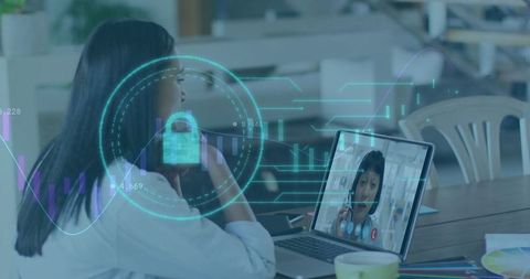 Woman on video call with digital padlock representing internet security