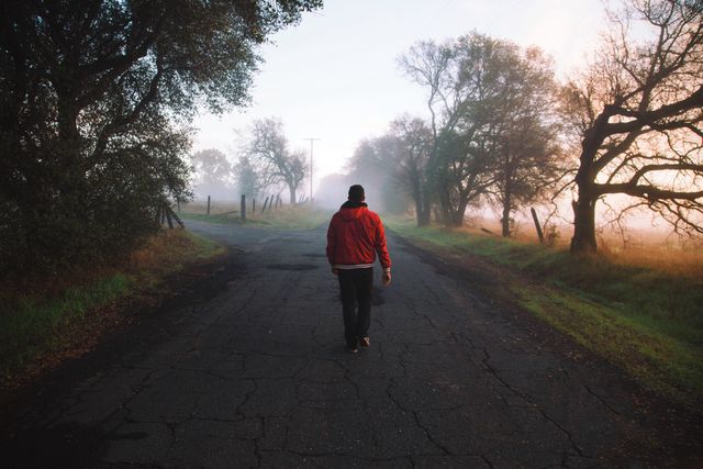 Person walks alone on quiet rural road in early morning fog, surrounded by nature. Potential uses include promoting relaxation and mental peace, travel blogs, inspirational quote backgrounds, or illustrating themes of solitude and reflection.