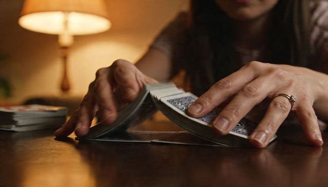 Adult woman shuffling playing cards on wooden table with warm lamp glow and ring