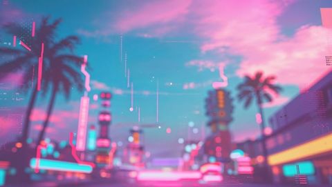 Futuristic neon cityscape with palm trees at dusk