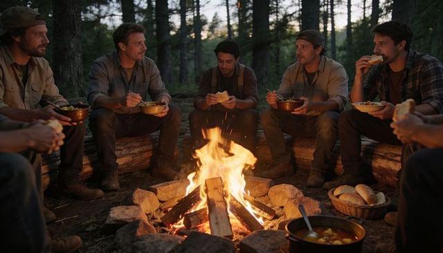Friends sharing campfire meal in forest clearing at dusk, rustic outdoor brotherhood