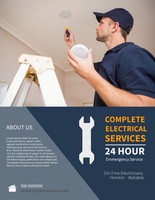 A professional electrician is installing a smoke detector, highlighting the importance of safety and technical skill in electrical services. The promotional layout effectively advertises comprehensive electrical services, including emergencies, with a commitment to honesty and reliability. Suitable for marketing materials related to home safety inspections, smoke alarm installation offerings, or emergency electrical repair services.