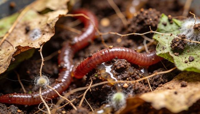 Macro red earthworm wriggling through moist garden soil with fungal mycelium and droplets