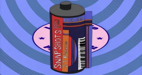 Retro film canister graphic on pink platform