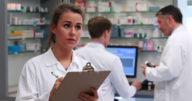 Confident Female Pharmacist Holding Clipboard in Pharmacy - Download Free Stock Images Pikwizard.com