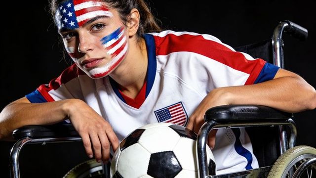 Paralympic soccer athlete wearing usa face paint and jersey holding ball in wheelchair