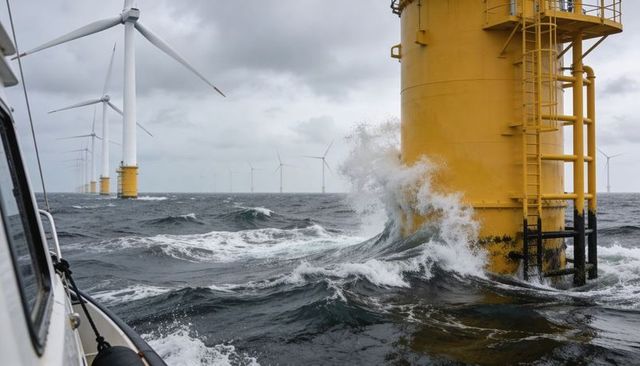 Stormy sea hitting yellow monopile with offshore wind turbines in rough waters
