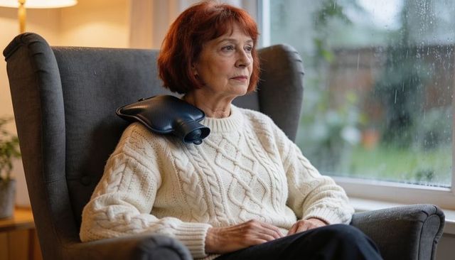 Senior woman relaxing with electric neck massager in cozy armchair by rainy window