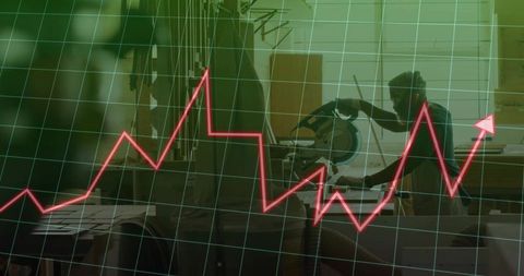 Woodworker Cutting with Miter Saw and Financial Growth Overlaid