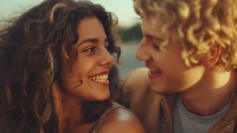 Romantic Couple Sharing Gaze at Sunset in Open Field