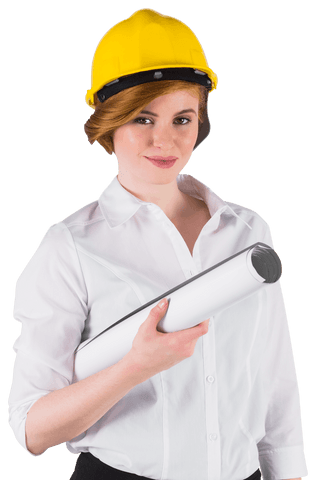 Confident Female Architect with Printed Plans Transparent