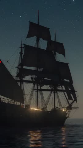 Three-masted tall ship sailing at dusk with red navigation light | Vertical cinematic sea voyage
