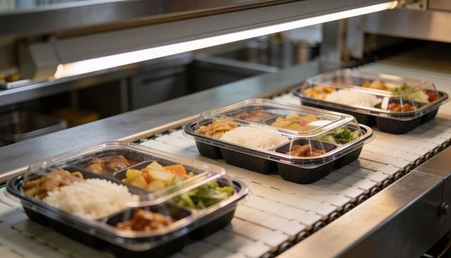 Conveyor transporting ready meals in divided plastic trays on industrial kitchen assembly line