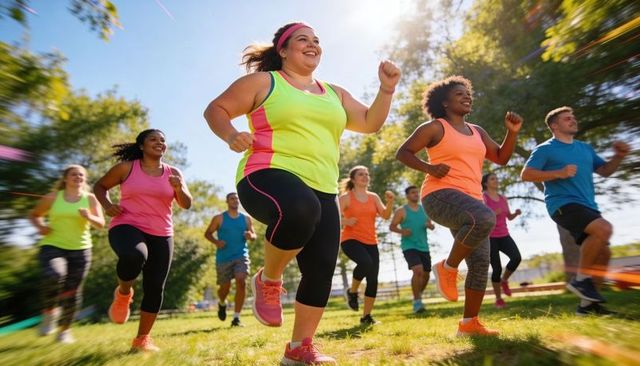 Plus-size woman leading outdoor group cardio workout, high-knee exercise in neon