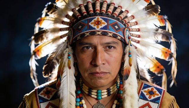 Native american leader wearing ceremonial feather headdress and beaded turquoise regalia