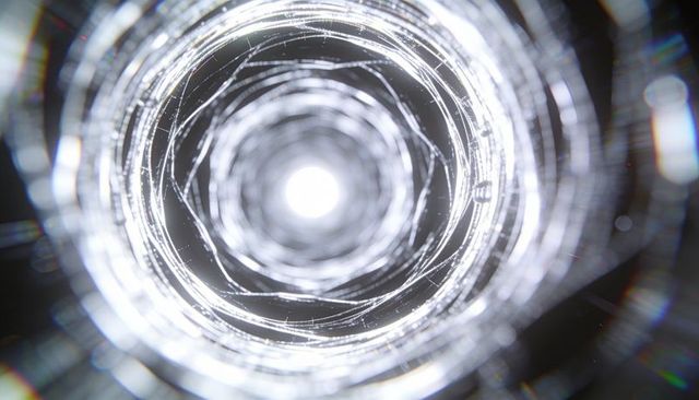 Glimmering concentric glass tunnel with bright core and chromatic lens flare