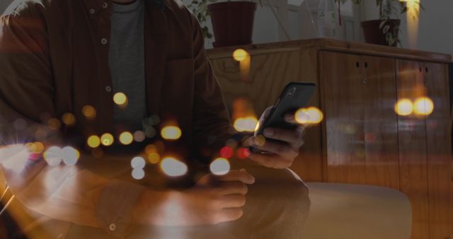 A man is seen using a smartphone, with a double exposure effect displaying night city traffic and lights over him. This image creatively combines the quiet ambience of indoor activity with the bustling lights of urban traffic, emphasizing the balance between digital interaction and modern city living. Suitable for topics related to technology, social media, digital connectivity, urban lifestyles, smart cities, and innovation.