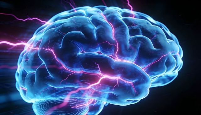 Neon 3d brain emitting magenta electric arcs, bioluminescent neural network concept