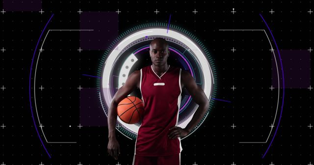 Depicting a confident basketball player in a futuristic digital setting, this visual is ideal for promoting sports technology, modern athletic gear, digital sports content, and competitive themes. It can be used in advertising, sports poster designs, technology and sports startups, or digital media showcasing the integration of sports and advanced technology.