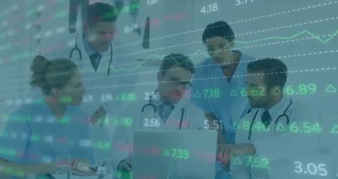 Medical Team Analyzing Data with Financial Overlays