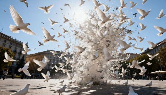 Swirling flock of white doves rising over sunlit city square, scattering pigeons and crowd