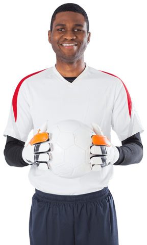 Transparent background goalkeeper holding soccer ball confidently