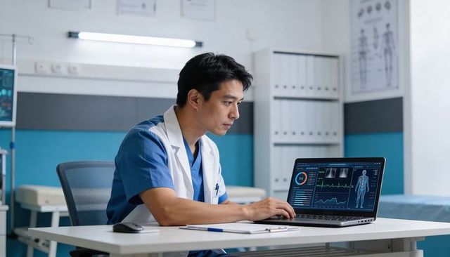Doctor reviewing digital patient vitals and diagnostic dashboards on laptop in clinic