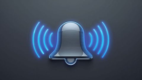 Glowing 3d metallic notification bell emitting neon-blue sound waves on dark-gray backdrop
