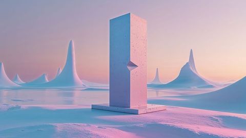 Futuristic concrete monolith on icy landscape under pastel sky