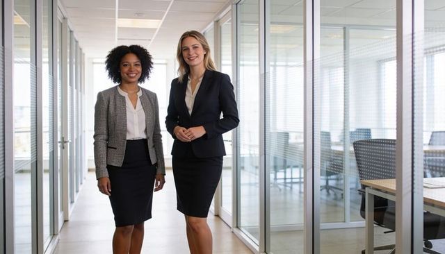 Two businesswomen standing in modern glass office corridor smiling with professional poise