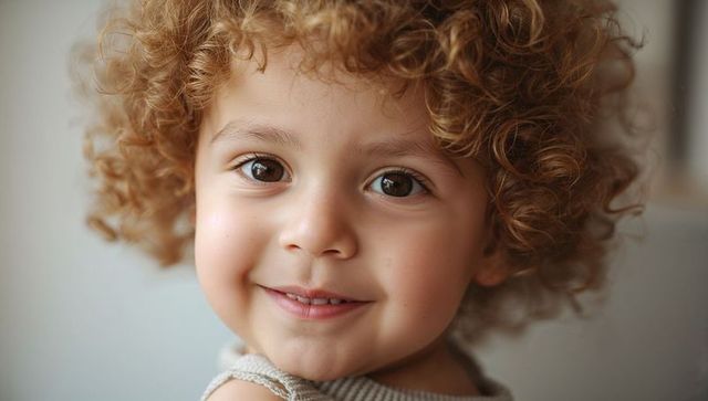 Smiling curly-haired toddler in soft natural light close-up portrait conveying warmth