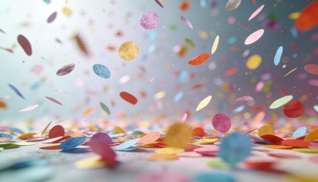 Falling colorful confetti discs and ovals over bokeh backdrop for celebration