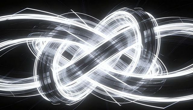 Weaving luminous light ribbons forming infinity knot with pixelated halos and motion blur