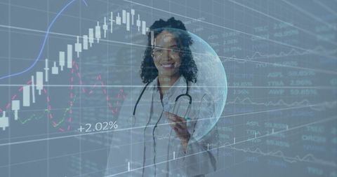 Female doctor interacting with holographic healthcare analytics and data visualization