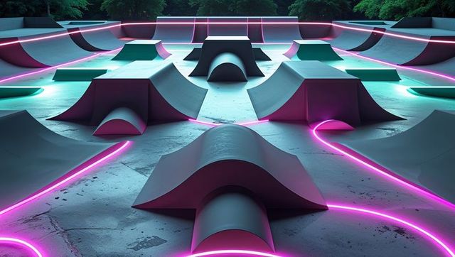 Futuristic Glowing Skate Park with Neon Pink LED Highlights