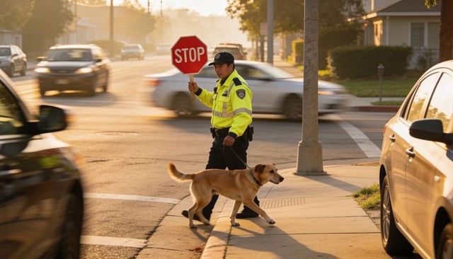 Crossing guard holding stop sign walking dog at sunlit crosswalk during golden hour safety