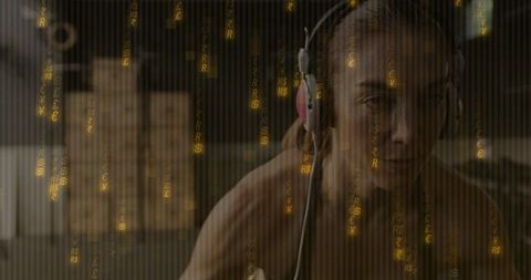 Leaning woman focusing wearing over-ear wired headphones with glowing currency symbols