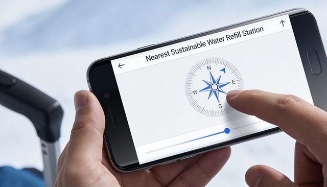 Traveler navigating nearest sustainable water refill station compass on smartphone near luggage