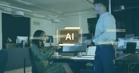 Colleagues collaborating with ai hologram over office monitors, brainstorming tech strategy