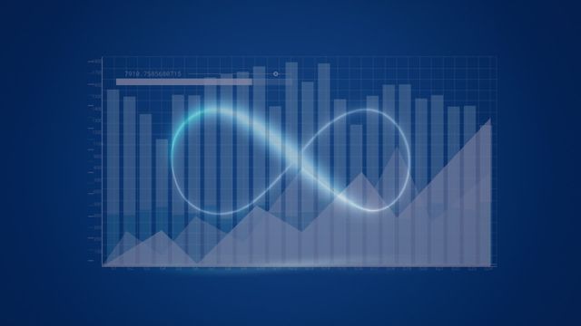 This image features an infinity symbol merging with financial bar graphs against a blue background, reflecting the interconnected nature of finance and economics. Ideal for use in business presentations focused on financial growth, investment analysis, or to convey sustainability and continuous improvement concepts.