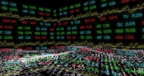 Futuristic virtual stock market ticker display with data visualization