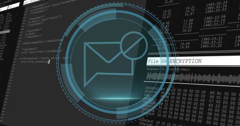 Futuristic hud email encryption interface with holographic security badge and code