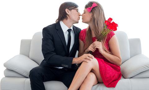 transparent geeky couple kissing holding flowers on couch - Download Free Stock Videos Pikwizard.com