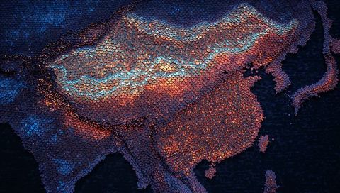 Abstract Hexagonal Tile Map of Asia with Gradient Colors