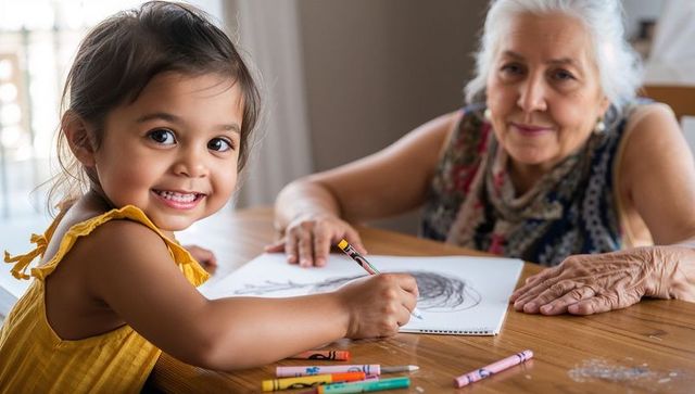 Grandmother guiding granddaughter drawing with crayons at wooden table, happy family moment