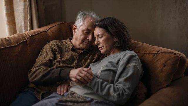 Senior couple holding hands and resting on cozy sofa sharing tender companionship
