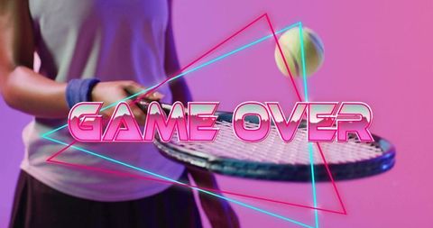 Tennis player holding racket and ball with neon game over text in vibrant studio