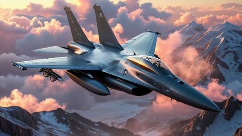 F16 fighter jet gliding above snowy mountain peaks at sunset